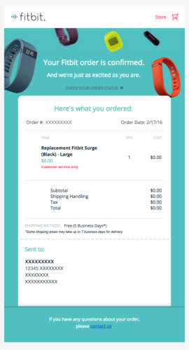 Fibit's Order Confirmation Email