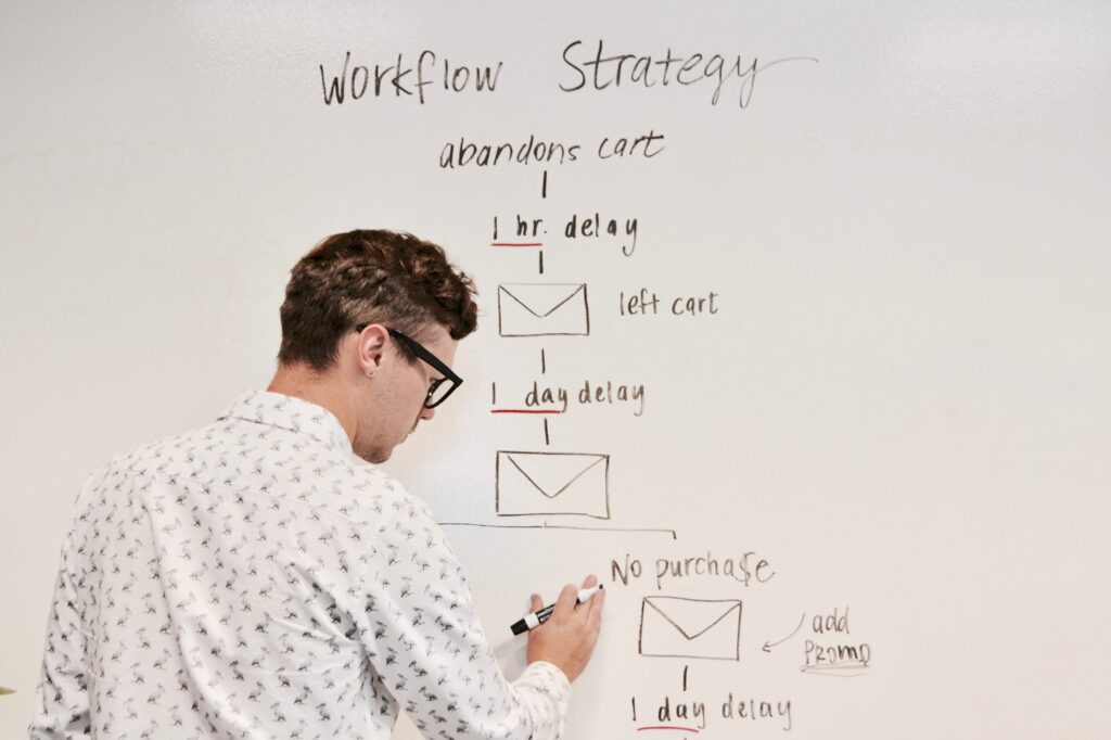 Man with whiteboard writing marketing strategy