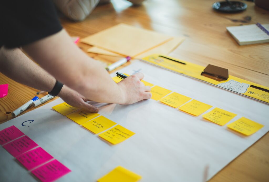 post-it notes with marketing strategy on a table