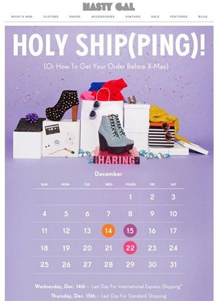 A holiday email on shipping schedules by Nasty Gal