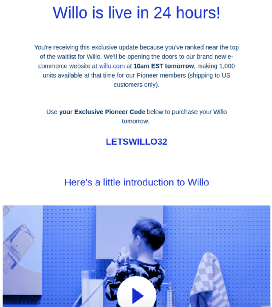 Willo product launch email