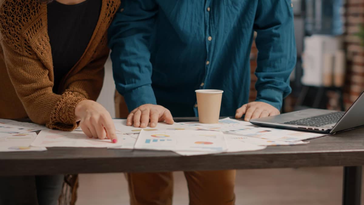 Two teammates working out business strategy