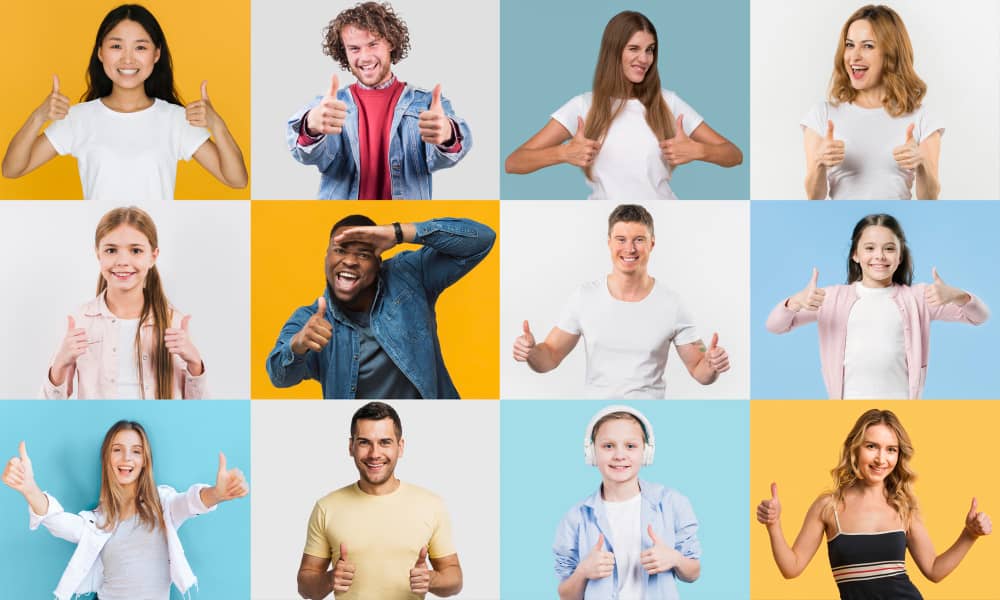 Collage of different people showing hand gestures