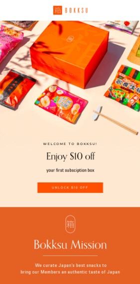 Bokksu email "10 dollar welcome offer"