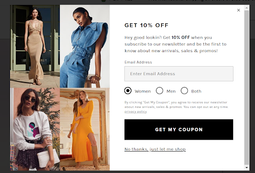 Revolve popup - Get 10 Percent Off and Get My Coupon