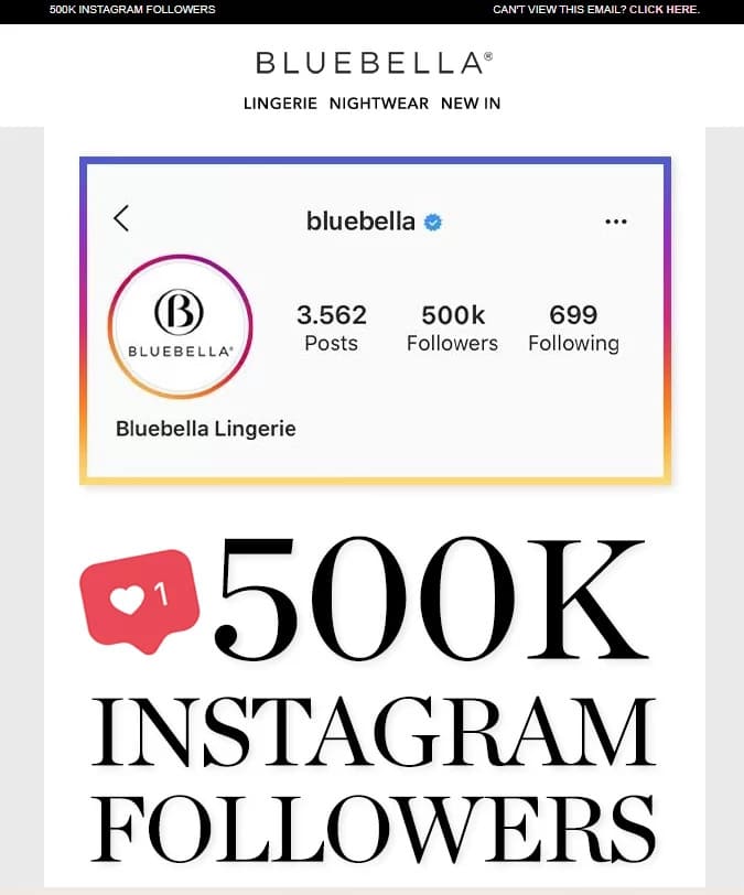 Bluebella email and Instagram marketing example