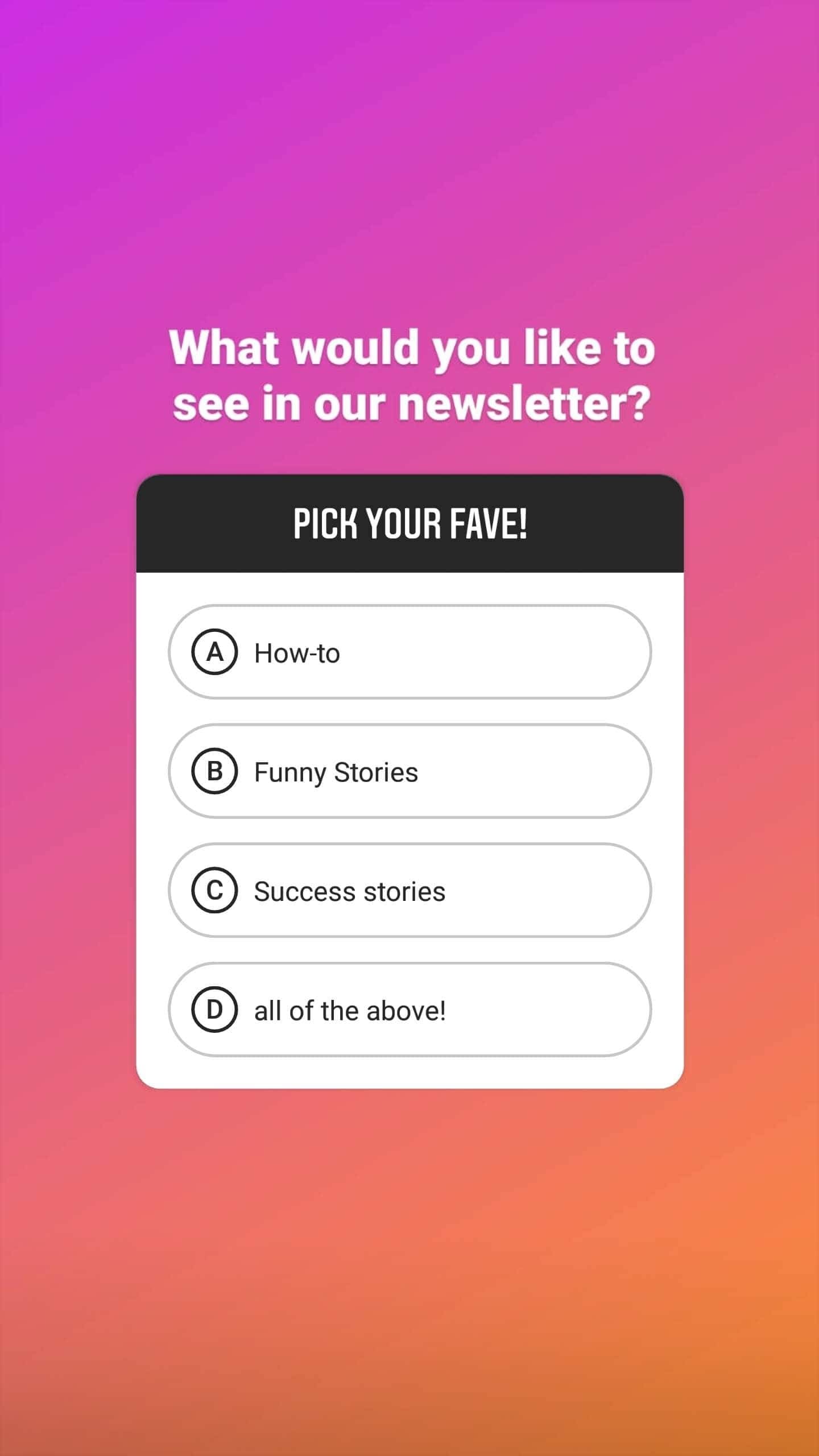 Instagram quiz about newsletter topics