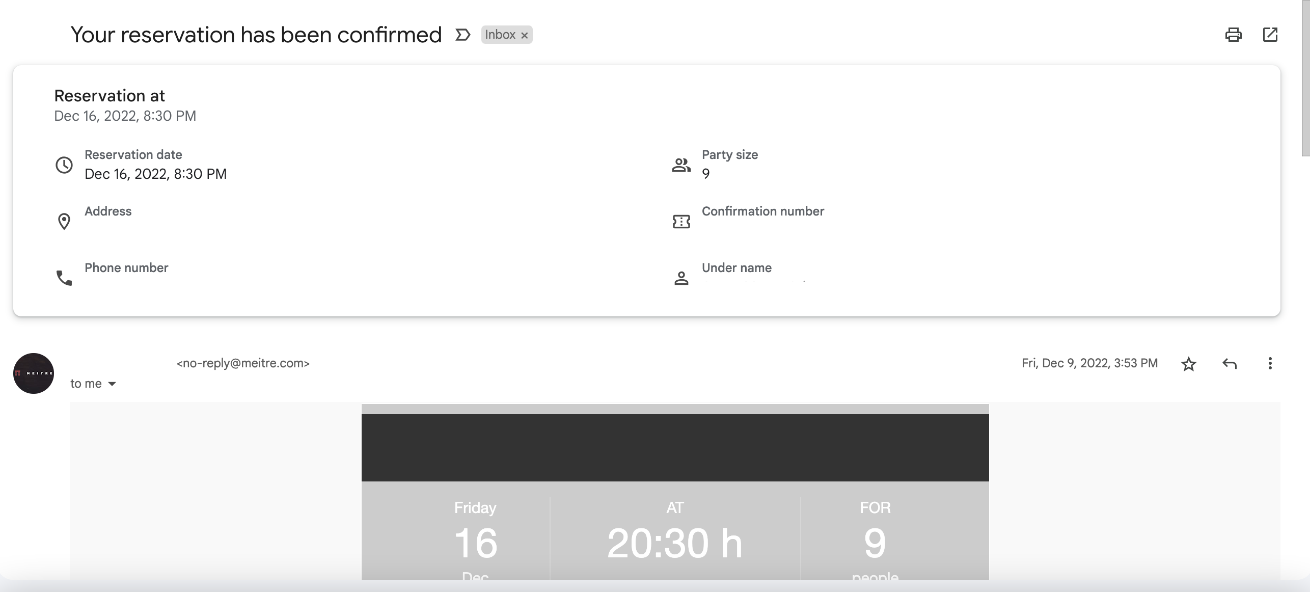 Schema markup on a restaurant reservation email