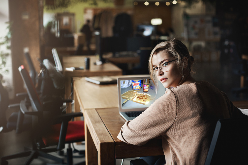 Email marketer with sandwich picture on her screen