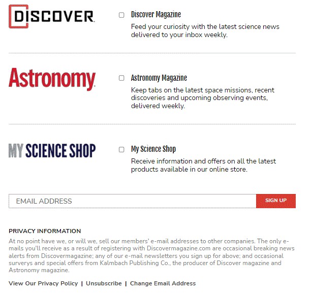 Opt-in form by Discover Magazine