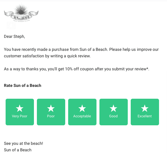 Review or feedback post-purchase email example