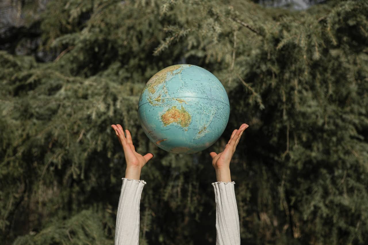 Hands cheerfully throwing a globe in front of a tree