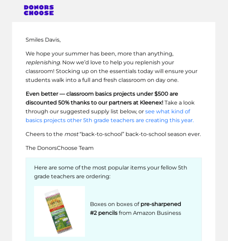 product recommendation email from DonorsChoose