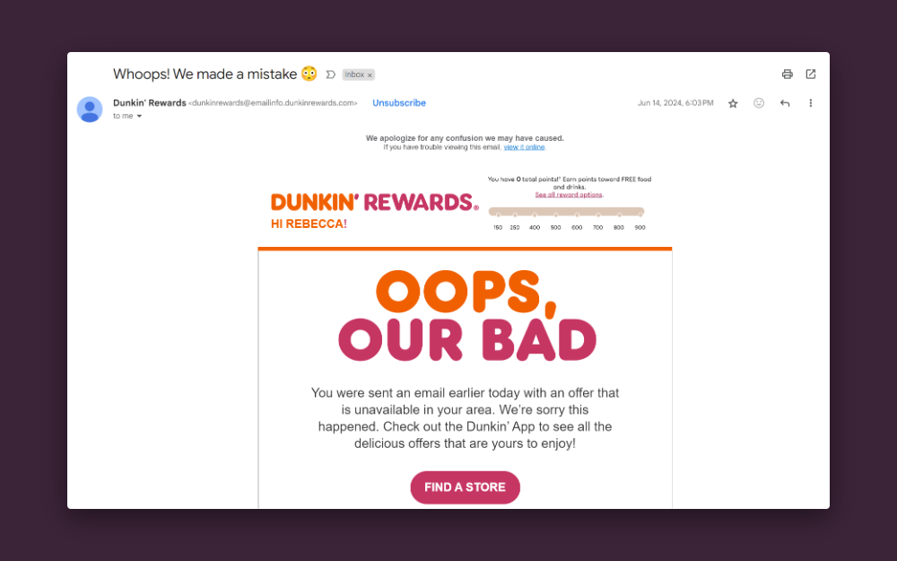 An example of Dunkin’s correction email 