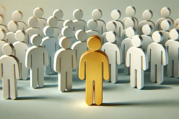 An illustration of a single golden-colored figure standing out in the crowd, symbolizing ideal customer email marketing