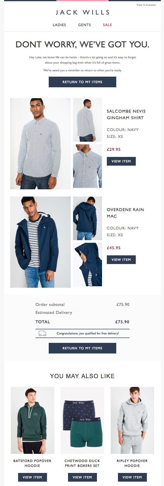 Jack Wills cart abandonment email example