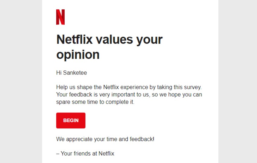 Netflix feedback email as an example of ideal customer email marketing