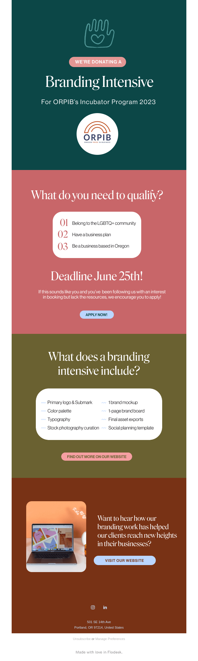 Email from Tributary, promoting a Branding Intensive for a nonprofit incubator program