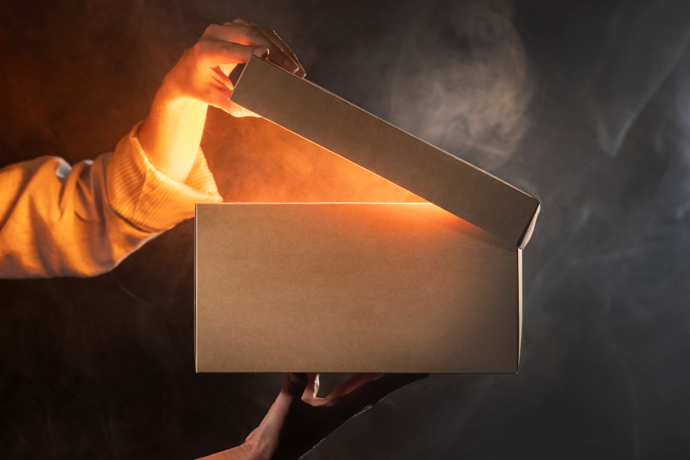 Opening a mystery box symbolizing product descriptions in email marketing