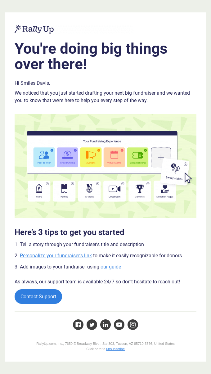 RallyUp support email for a nonprofit