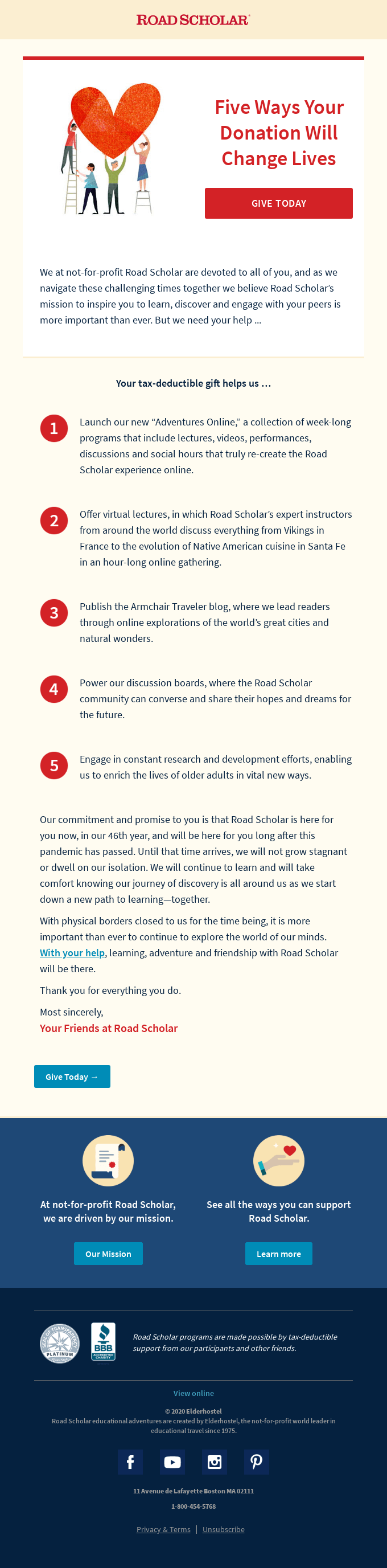 Road Scholar nonprofit email marketing example