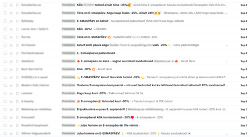 Näide sellest, milline postkast E-smaspäeva kampaania ajal välja näeb, kuidas väga paljud teemaread on sarnased.