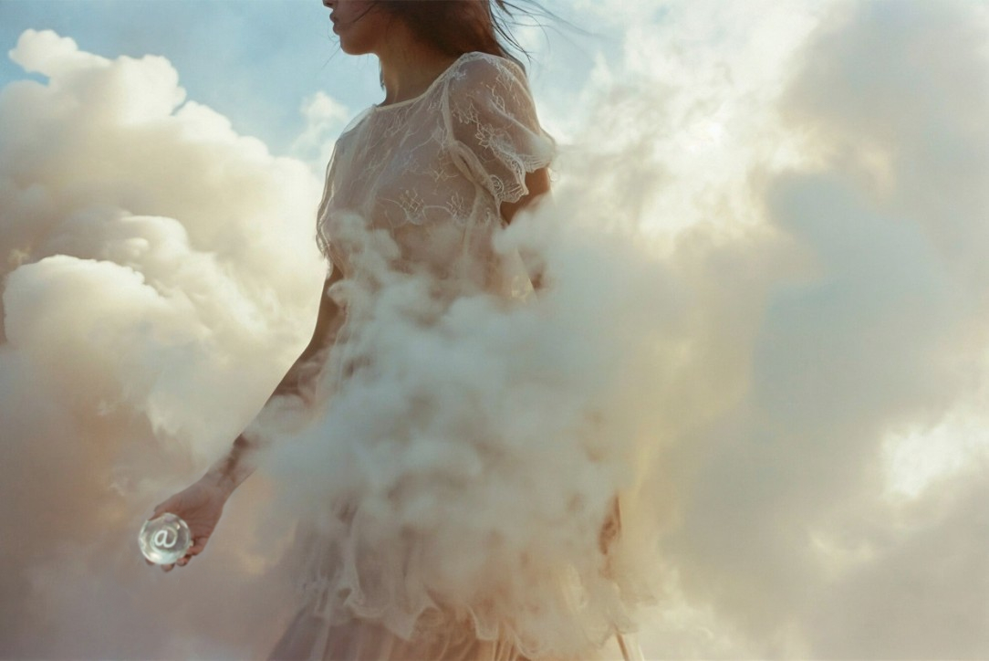 A woman in a cloud holding a chrystal ball, symbolizing Cloud Dancer in email marketing