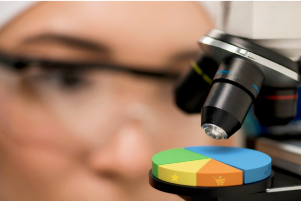 Person Looking at a Pie Chart under a Microscope, Symbolizing Micromarketing
