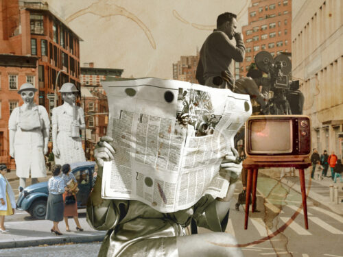 A retro collage with a man holding a newspaper