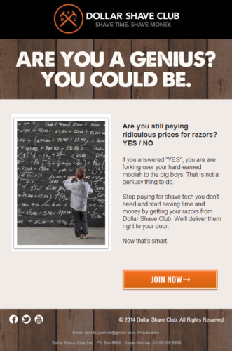 Funny email from Dollar Shave Club - a good example of humor in email marketing