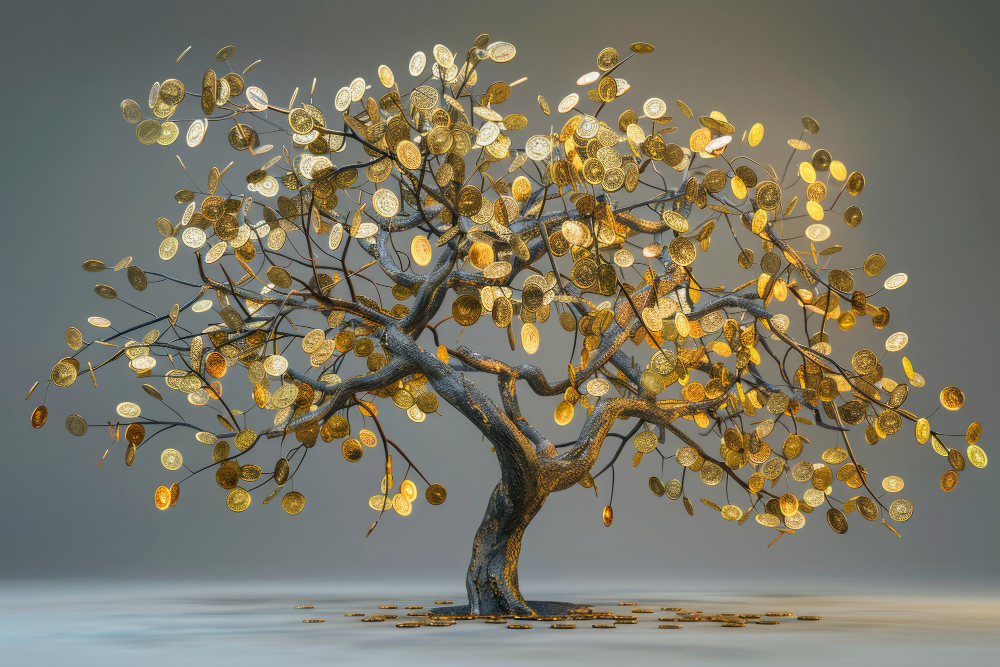 A golden money tree on a gray background, symbolizing average Average Order Value