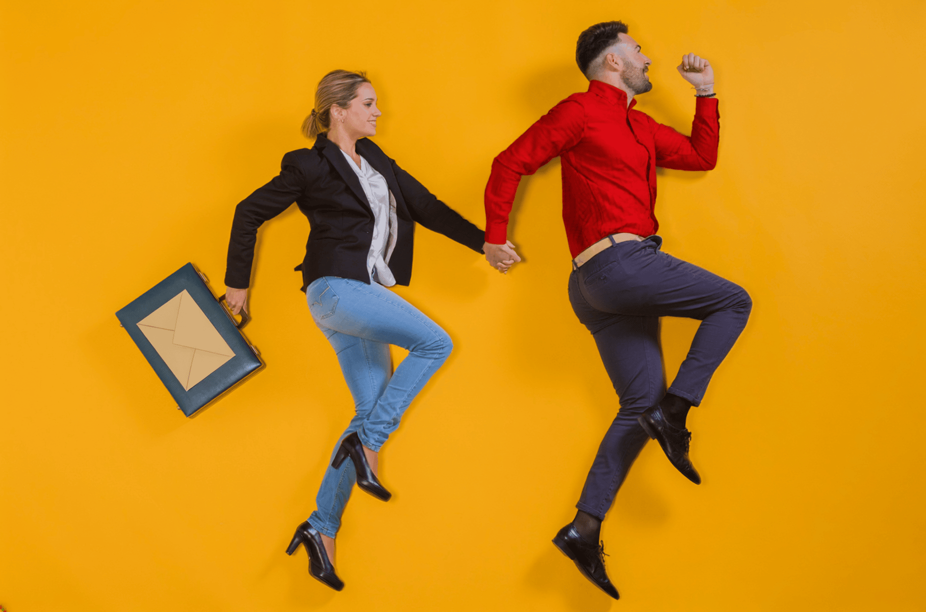 A man leading a woman with a suitcase with an envelope hand-in-hand, symbolizing email spam triggers