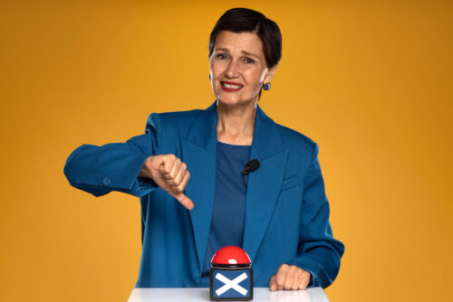 A woman showing the thumbs down sign and frowning in front of a red button, symbolizing email spam triggers