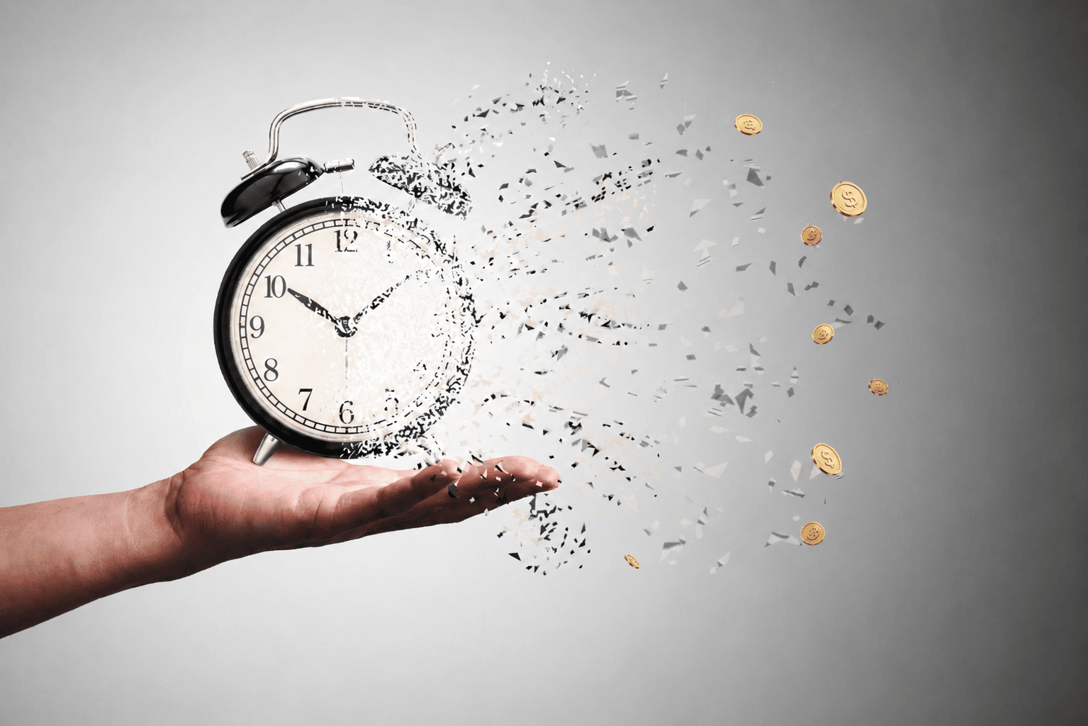 A clock dissolving into pieces and coins, symbolizing time decay in email marketing