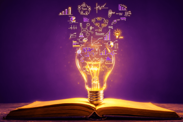 A glowing yellow lightbulb rises from an open book, with purple-and-gold business idea sketches floating above it, symbolizing email marketing strategy