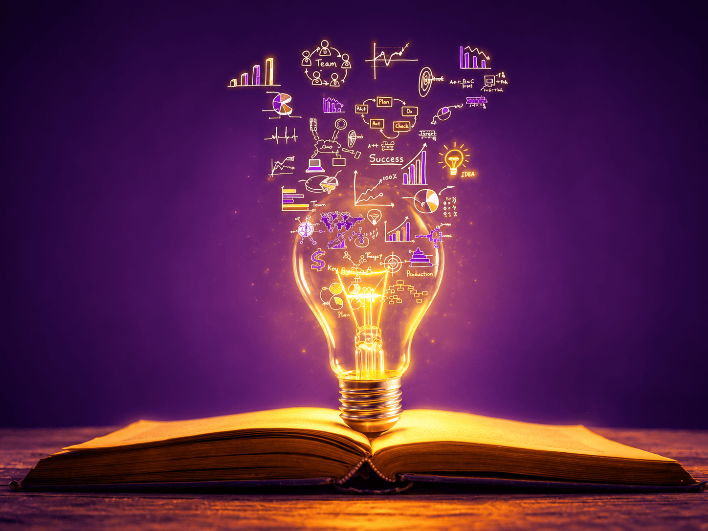 A glowing yellow lightbulb rises from an open book, with purple-and-gold business idea sketches floating above it, symbolizing email marketing strategy