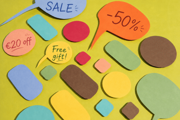 Colorful paper speech bubbles on a bright green background with handwritten promotional messages, including SALE, -50%, €20 off, and Free gift!, representing playful email marketing promotions.