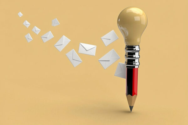 A pencil with a lightbulb tip with envelopes coming from it with symbolizing cognitive fluency in email copy