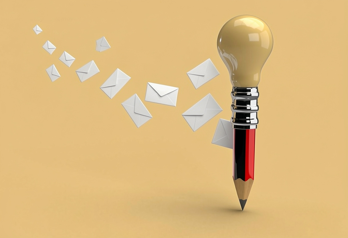A pencil with a lightbulb tip with envelopes coming from it with symbolizing cognitive fluency in email copy